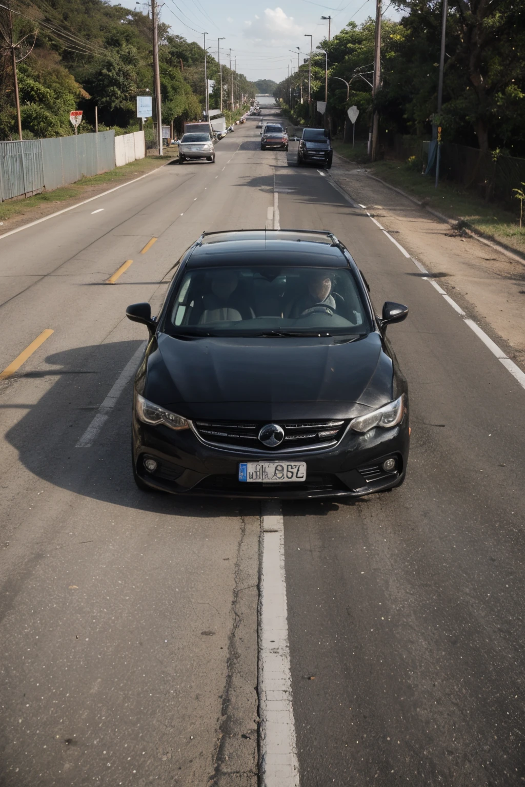 Criar uma imagem de um carro esportivo na estrada em uma cidade por apocalipse