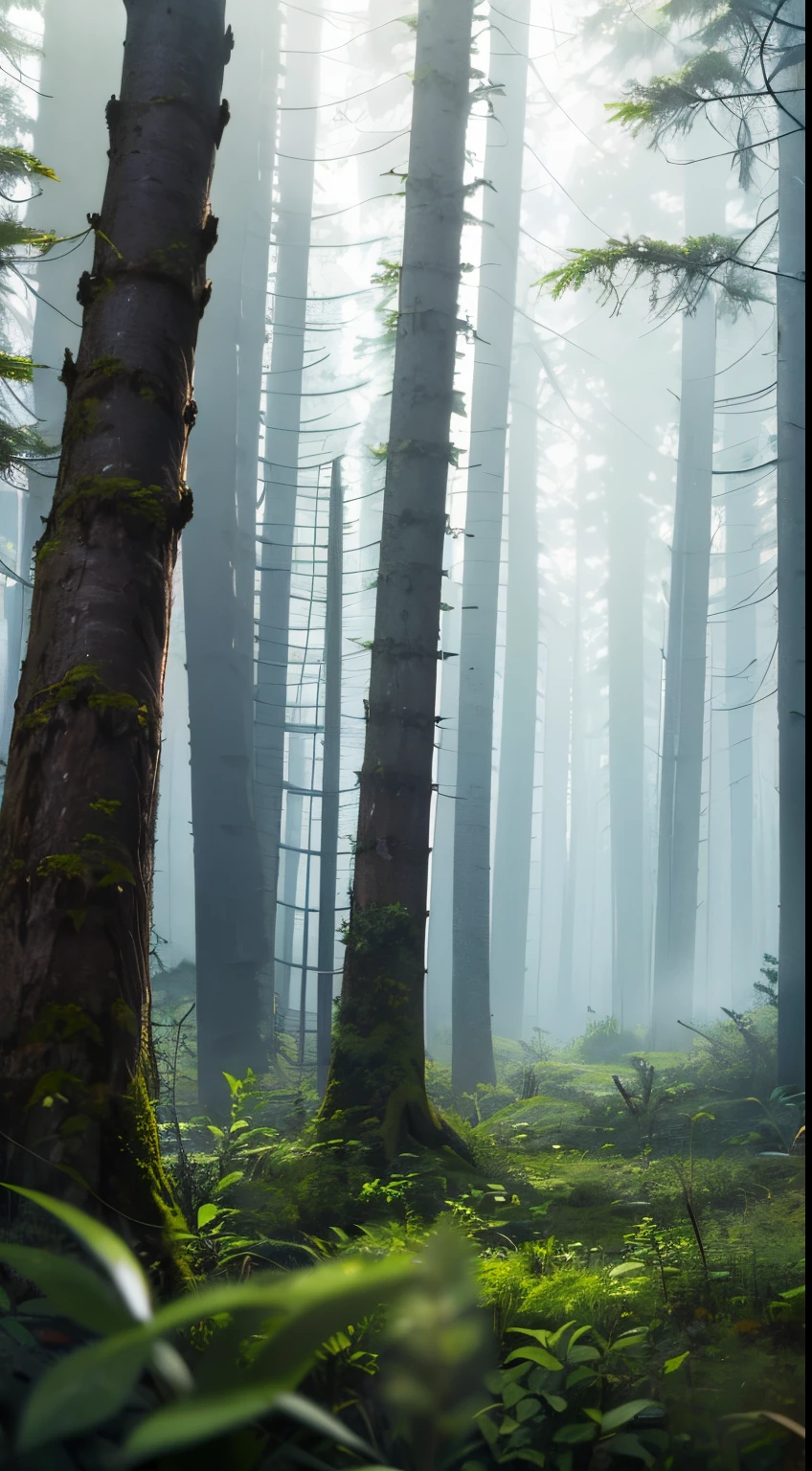 Ground forest of a dense spruce forest with fog , dense mist , cloudy , cinematic , high detail