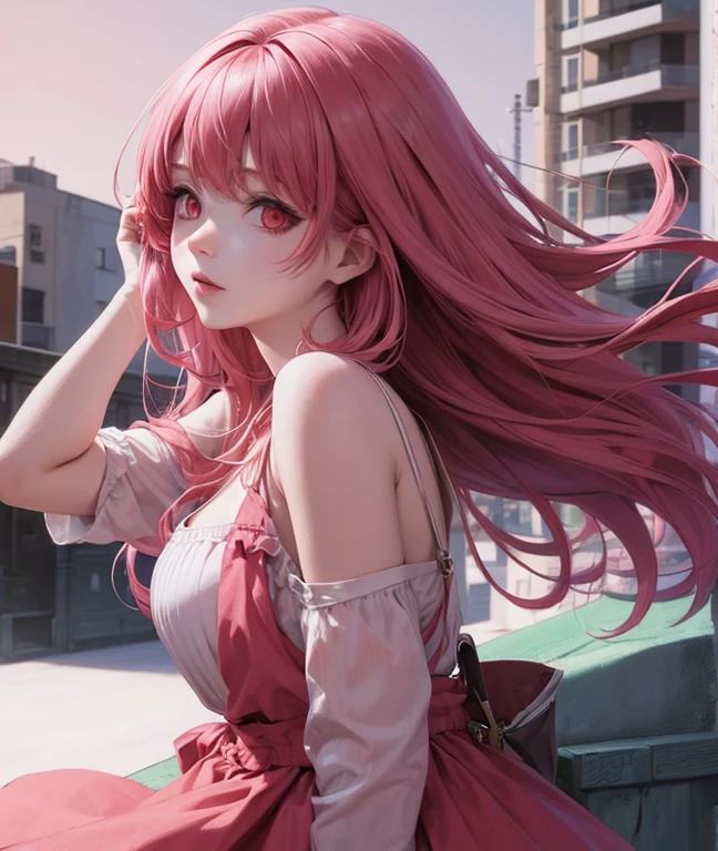 Girl with red eyes and a pink hair