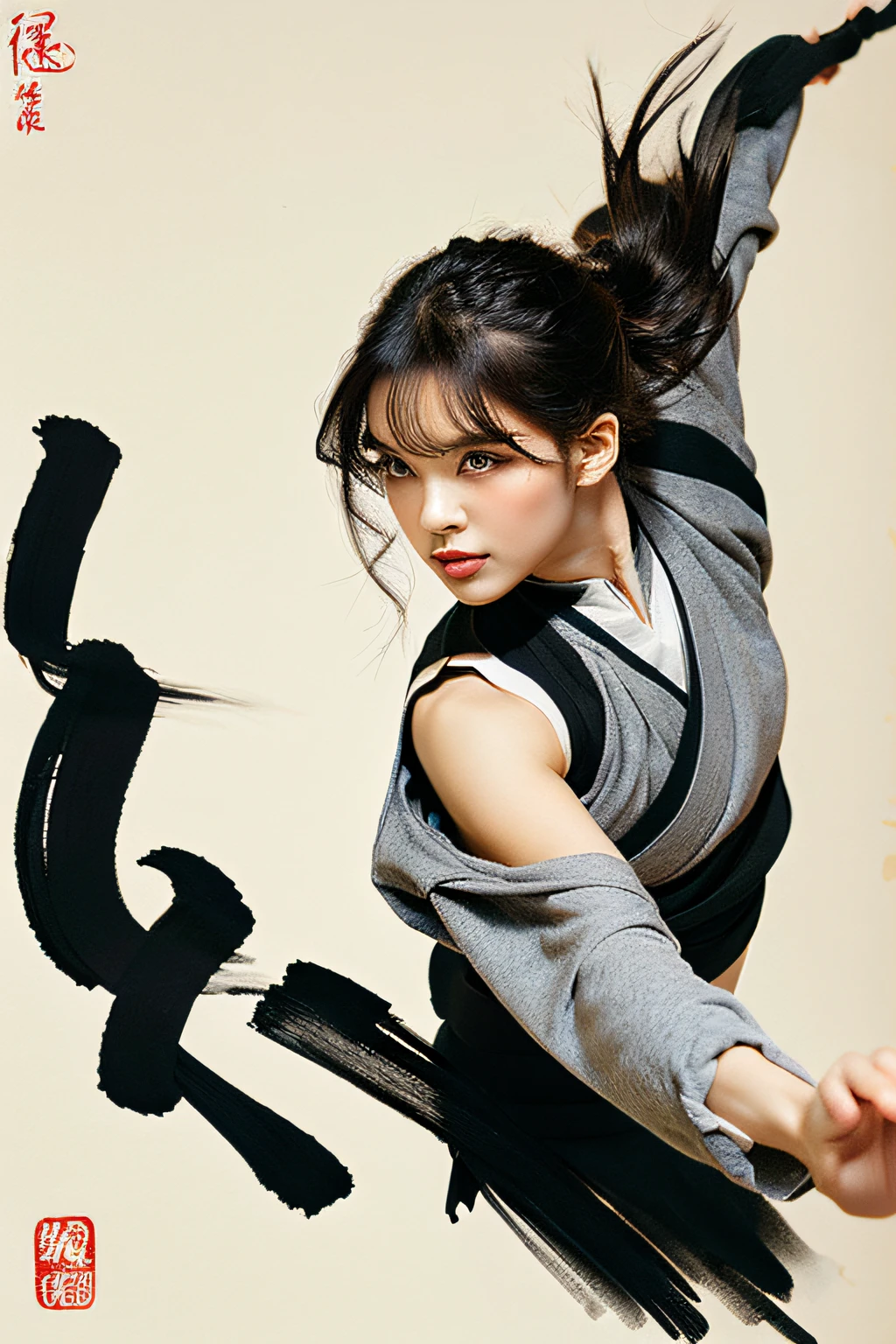 (Best Quality,hight resolution,masutepiece:1.2),Ultra-detailed,Full body shot,Beautiful detailed eyes,Beautiful detailed lips,extremely detailed eye and face,longeyelashes,sexy woman practicing kung fu,Artwork made with traditional Chinese ink painting,Graceful movement,flowing black hair,energetic and intense look,Fit and muscular body,flexible martial arts poses,Dynamic lighting,Fusion of traditional and modern elements,subtle color palette,Ink wash painting style,Brushstrokes depicting strength and elegance.