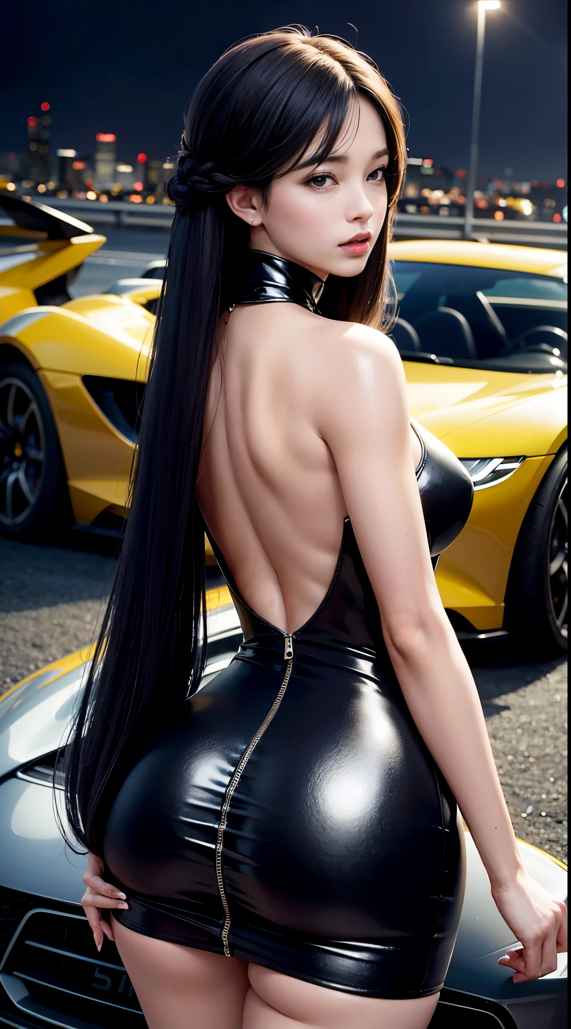 A breathtaking sight of a sexy girl standing confidently beside a beautiful look car, basking in the glow of a stunning background. The car is a sleek, high-performance sports car with a shiny metallic finish that reflects the vibrant colors of the background. The girl is dressed in a figure-hugging red dress that accentuates her curves and complements the fiery hues of the background. Her hair flows effortlessly down her back, adding to the overall sensuality of the scene. The background is an 8k high-quality image of a cityscape at night, with skyscrapers lit up like Christmas trees and a full moon casting an ethereal glow over the entire scene. The combination of the girl's alluring presence, the car's impressive design, and the stunning background creates a visual masterpiece that is both aesthetically pleasing and highly seductive.