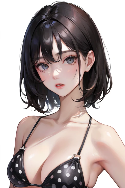 (Top resolution、Distinct_image)top-quality、femele、masterpiece、ighly detailed、Semi-realistic、Black short hair、Dark hair、grey eyes、bangss、25-years old、Mature、年轻、Exquisite facial features、Facial features,Polka dot bikini