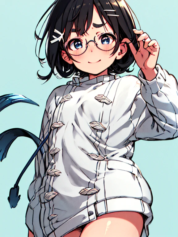 ​masterpiece, top-quality, One lady, One Pose, The best smile, Japan people in their 20s, (A dark-haired, Short Bob Hair, Curly hair, make the wave stronger, With bangs, attach hairpins to bangs), (thick eyebrow, draw thick eyebrows), (drooing eyes, Blue eyes, Blue eyes), Small nose, Thicker lips, (Rimless glasses, Small glasses, glasses for women), Wheat-toned skin, Realistic drawing of the whole body, Walking Pose, Crouching Pose, (Looking at the camera, Front of camera, Look at viewers, Front attitude, Turn your face to the viewer, face forwards).