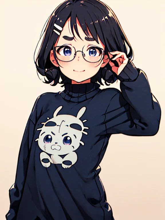 masterpiece, top-quality, One lady, One Pose, The best smile, Japan people in their 20s, (A dark-haired, Short Bob Hair, Curly hair, make the wave stronger, With bangs, attach hairpins to bangs), (thick eyebrow, draw thick eyebrows), (drooing eyes, Blue eyes, Blue eyes), Small nose, Thicker lips, (Rimless glasses, Small glasses, glasses for women), Wheat-toned skin, Realistic drawing of the whole body, Walking Pose, Crouching Pose, (Looking at the camera, Front of camera, Look at viewers, Front attitude, Turn your face to the viewer, face forwards).