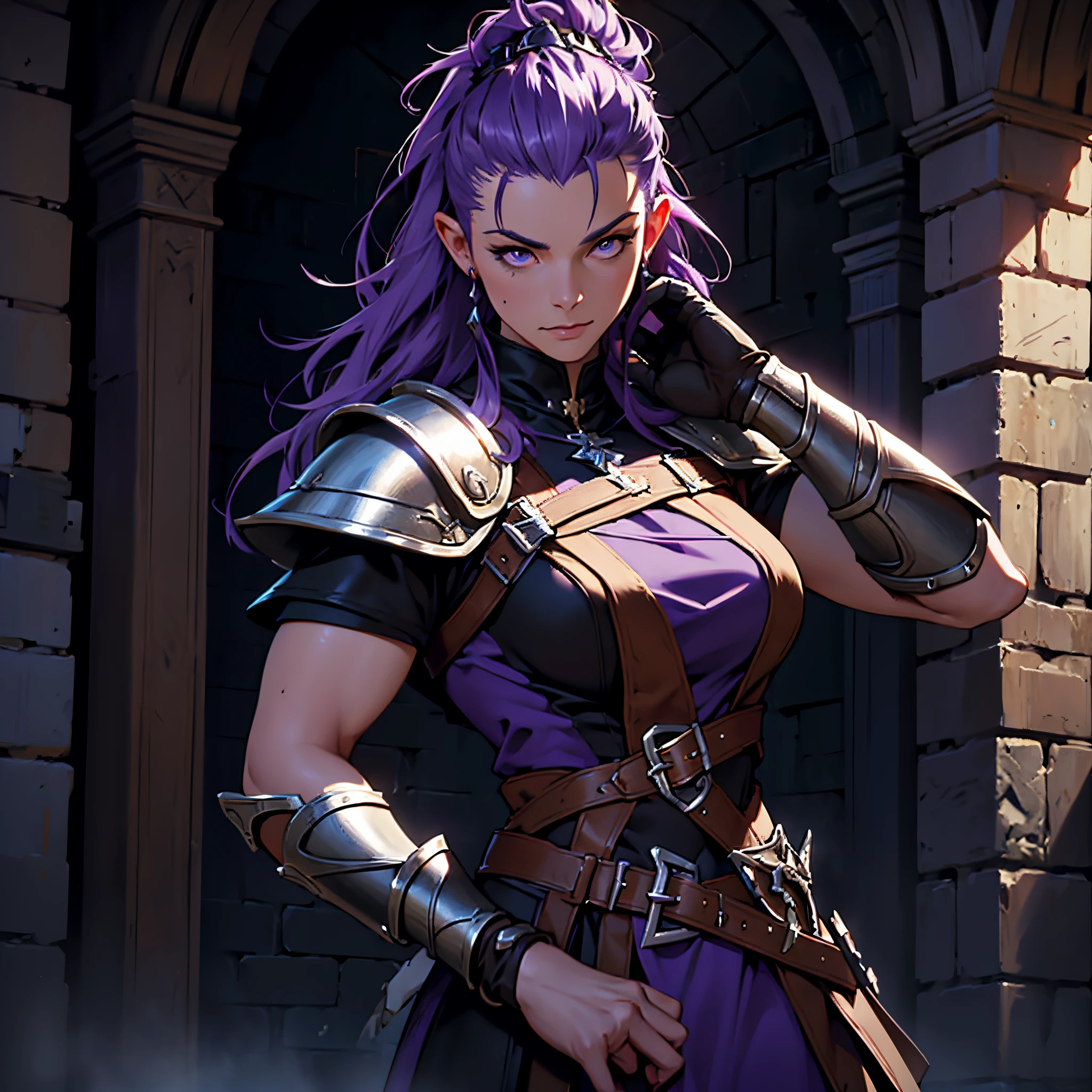 ​masterpiece, Best Quality, detailed, Cinematics, 4k, Background with: dark dungeon of european medieval castle, Mature female warrior wearing assassin uniform#39;Creed Armor (light purple mohawk hair)