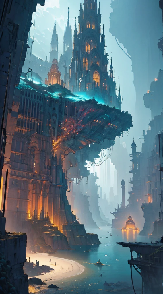 Stunning quality images, Best quality at best,  vivd colour, Dramatic light, Complicated details, an underwater city, depth of fields, Field of View, city in the water,  Overall details,  Best quality at best, tmasterpiece, hyper HD, hyper HD, (enchanced quality:1.1), ultra - detailed, WQHD, 16k images