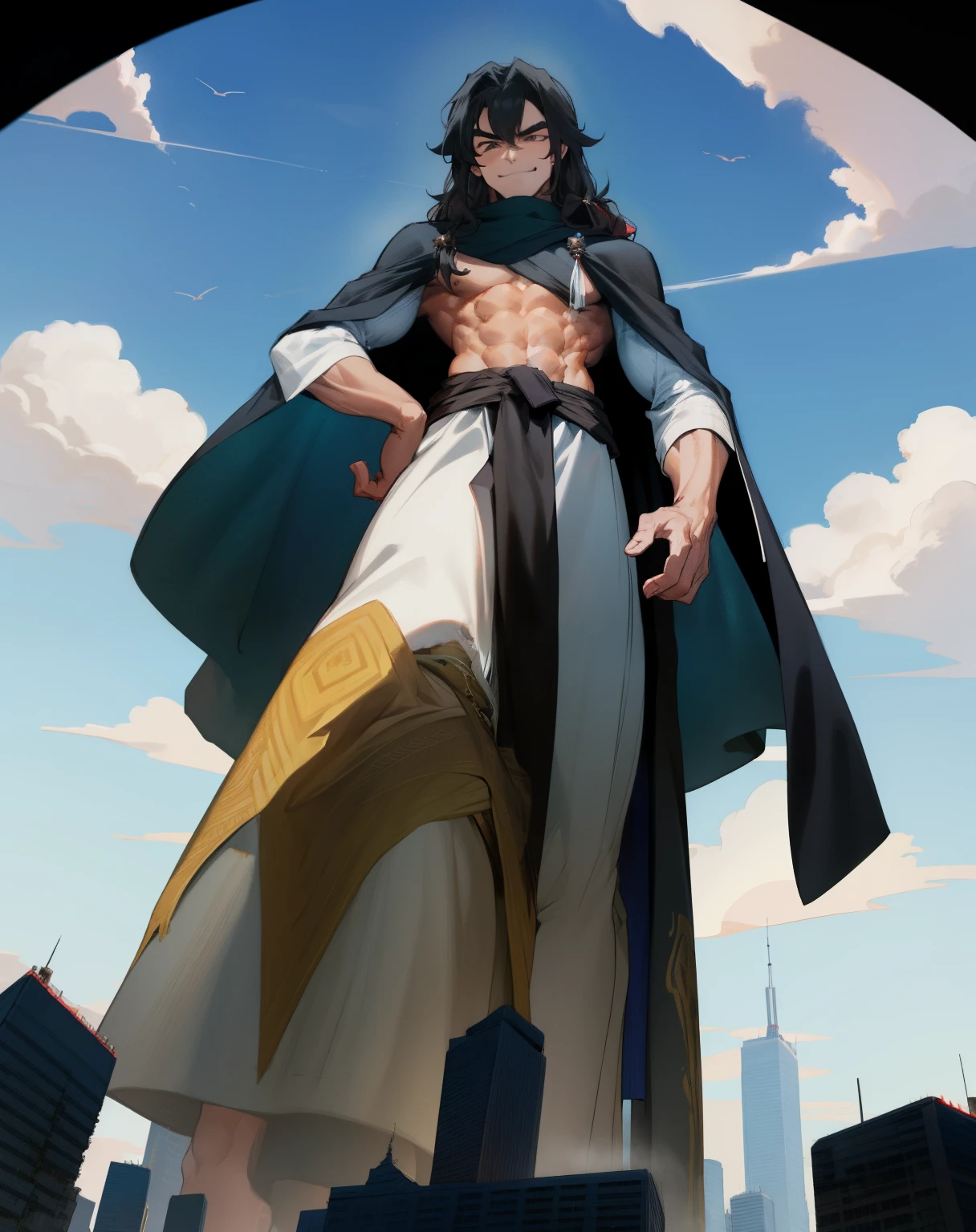Man, guy, long hair, abs, black hair, cloak, smirk, (((from below))), towering over tiny city, giant