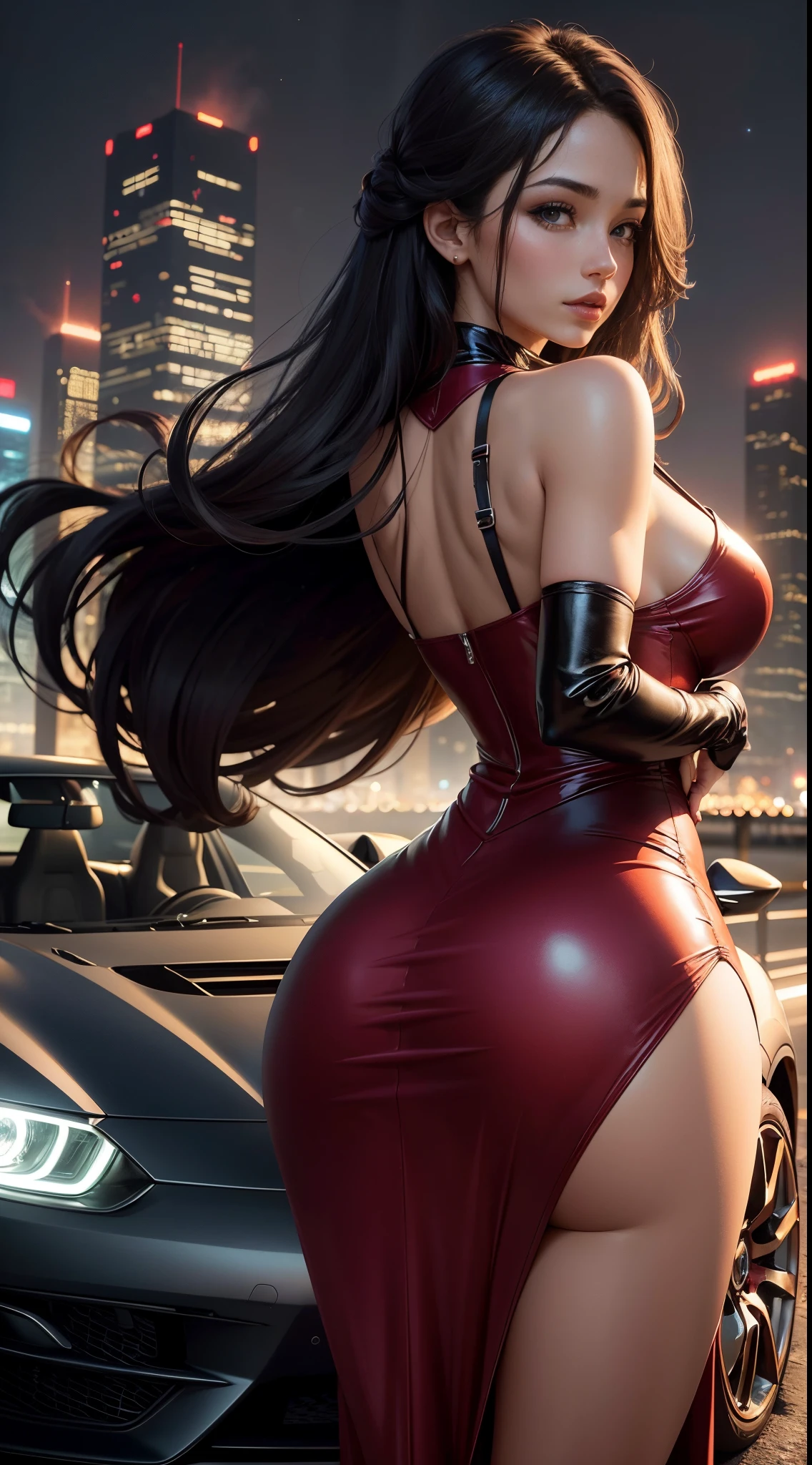 A breathtaking sight of a sexy girl standing confidently beside a beautiful look car, basking in the glow of a stunning background. The car is a sleek, high-performance sports car with a shiny metallic finish that reflects the vibrant colors of the background. The girl is dressed in a figure-hugging red dress that accentuates her curves and complements the fiery hues of the background. Her hair flows effortlessly down her back, adding to the overall sensuality of the scene. The background is an 8k high-quality image of a cityscape at night, with skyscrapers lit up like Christmas trees and a full moon casting an ethereal glow over the entire scene. The combination of the girl's alluring presence, the car's impressive design, and the stunning background creates a visual masterpiece that is both aesthetically pleasing and highly seductive.