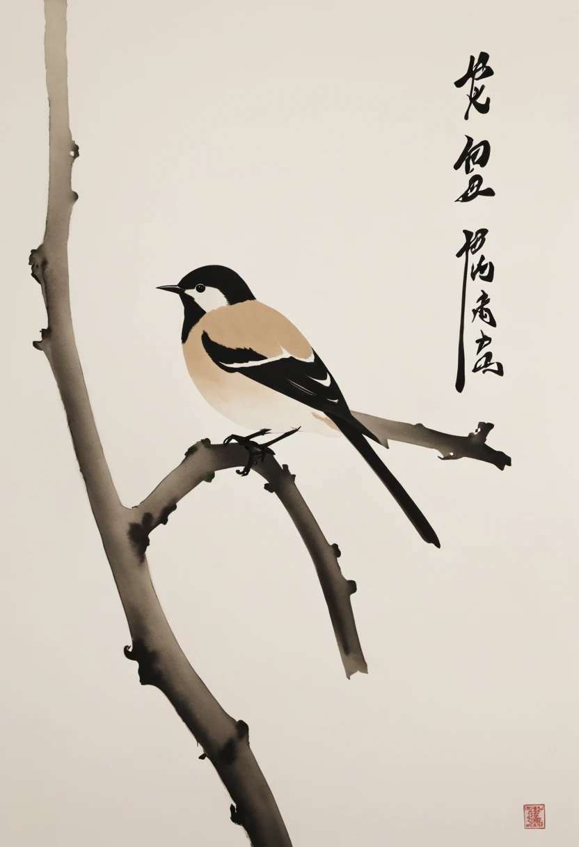 Minimalist Chinese ink painting of a bird on a branch