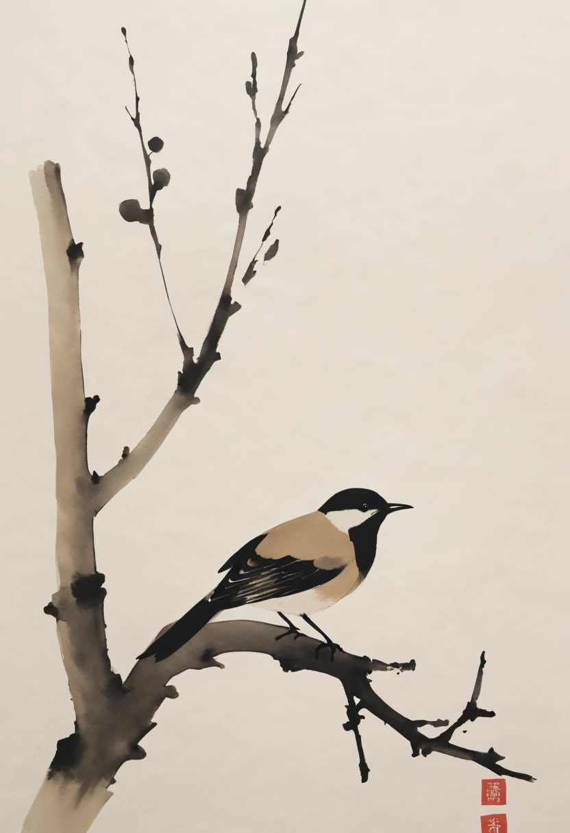Minimalist Chinese ink painting of a bird on a branch