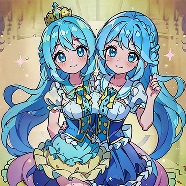 (best quality), (high quality), (detailed), (masterpiece), good artist, 1girl, (2heads:1.5), 1girl, smiling, wavy hair, cerulean blue hair, Aqua eyes, magical girl outfit, crown braid, frilly khaki skirt, a frilly button-down blouse, both heads having identical hair color