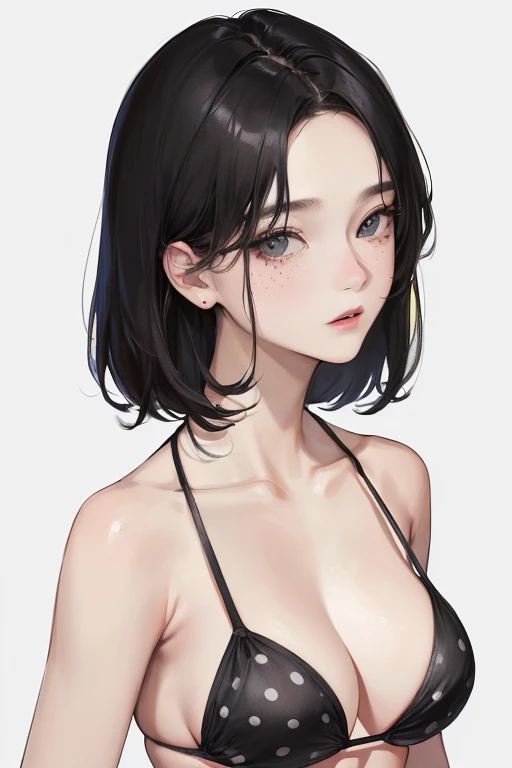 (Top resolution、Distinct_image)top-quality、femele、masterpiece、ighly detailed、Semi-realistic、Black short hair、Dark hair、grey eyes、bangss、25-years old、Mature、年轻、Exquisite facial features、Facial features,Polka dot bikini