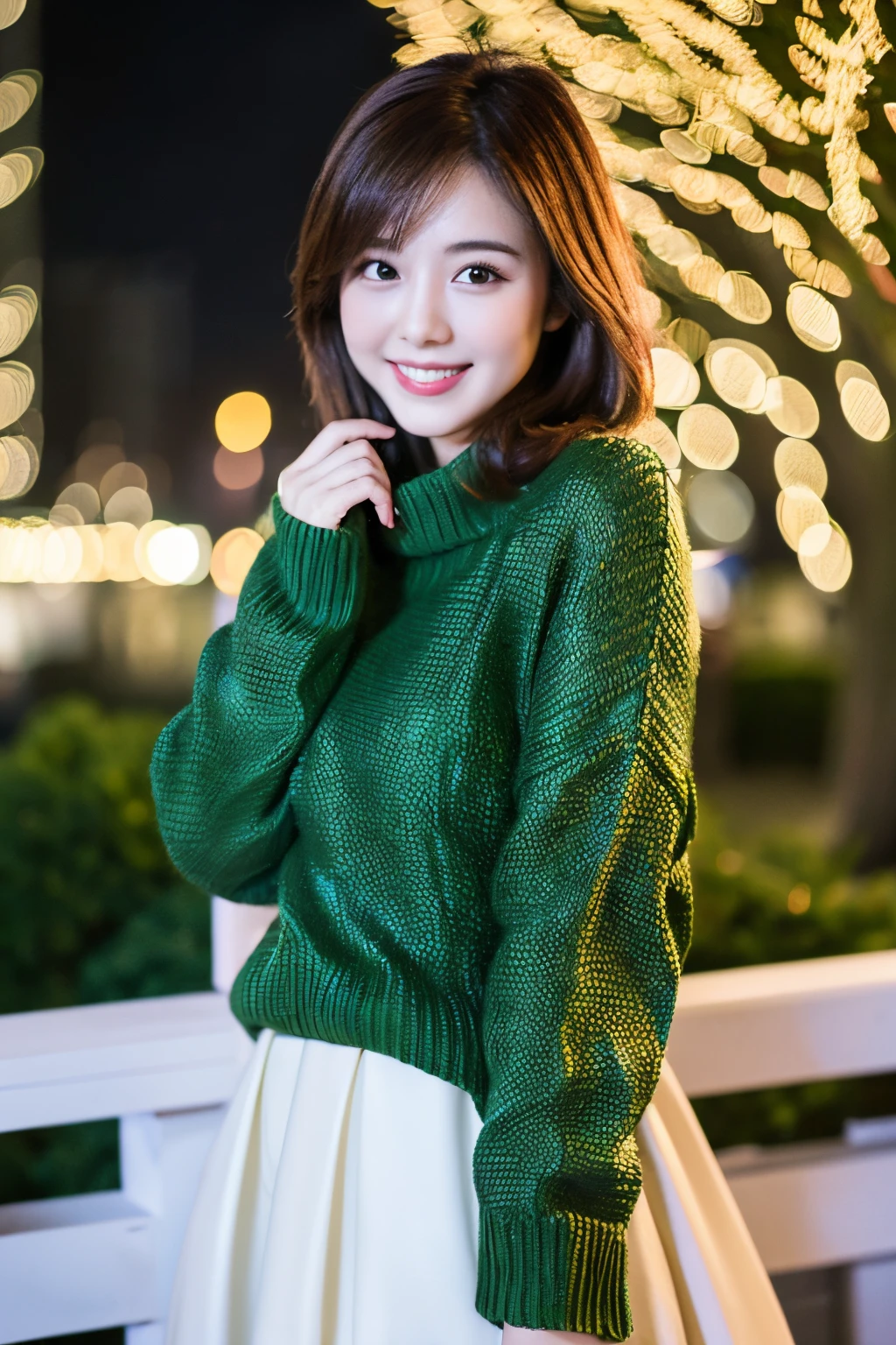 Masterpiece, top quality, high resolution, amazingly beautiful 25-year-old woman, unsexy winter fashion coordination, wearing a moss green sweater, white skirt, medium hair, small breasts, natural color lips, smile, Gorgeous cityscape on Christmas night, ((Gorgeous Christmas tree illumination background)), Looking at camera, (Full body shot),