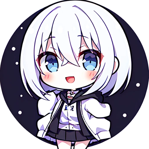 Chibi,Mini、icons,girl with, 20 years old, Very short hair, long bangs between eyes, pale blue eyes, Hoodie, Skirt , Extremely detailed,(​masterpiece、top-quality)、report、White hair、A smile、White skin as clear as snow、Fantastical, Silver hair, Black eyes, Beautiful eyes,, Ecstasy, charmed, be smitten with audience, Hoodie, White hoodie,a black skirt,Hair is short,