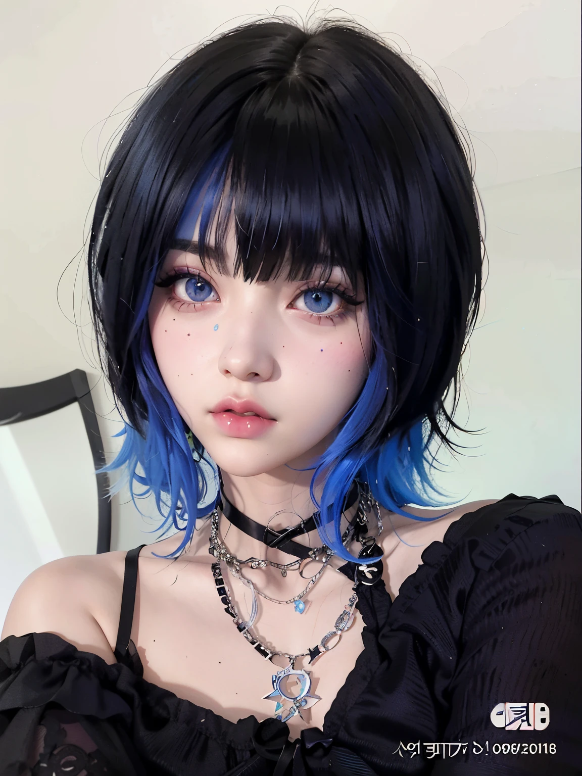un primer plano de una persona con cabello azul y un collar, 1 7 - year - old anime goth girl, 1 7 - year - old goth girl, cruel korean goth girl, goth girl aesthetic, Inspirado en el anime, Cabello negro Hime cortado, Chica de anime en la vida real, con cabello azul, Chica bonita con cabello azul, goth girl, azul y negro