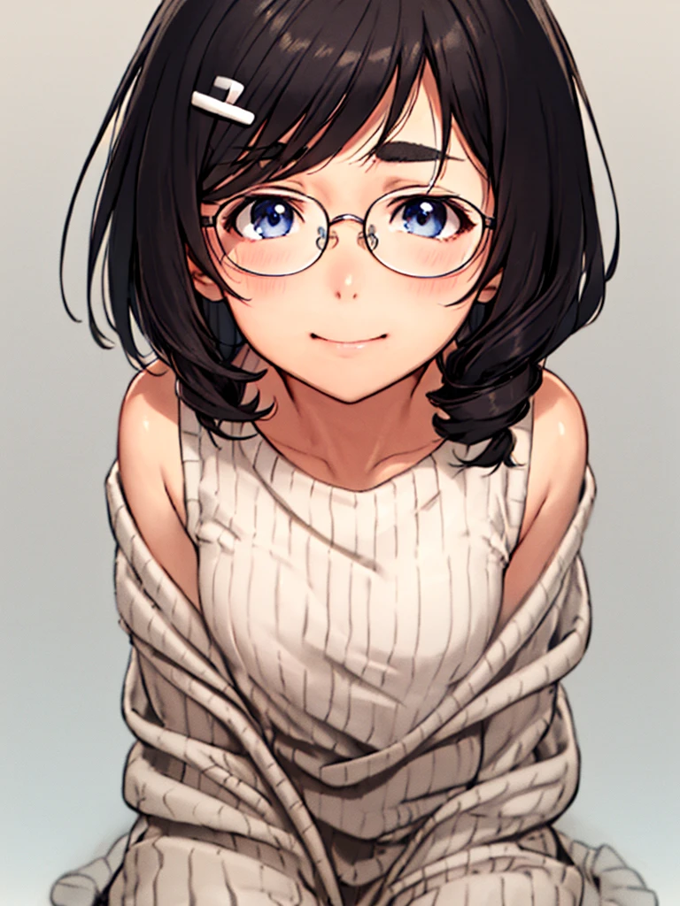 ​masterpiece, top-quality, One lady, One Pose, The best smile, Japan people in their 20s, (A dark-haired, Short Bob Hair, Curly hair, make the wave stronger, With bangs, attach hairpins to bangs), (thick eyebrow, draw thick eyebrows), (drooing eyes, Blue eyes, Blue eyes), Small nose, Thicker lips, (Rimless glasses, Small glasses, glasses for women), Wheat-toned skin, Realistic drawing of the whole body, Seated Pose, (Looking at the camera, Front of camera, Look at viewers, Front attitude, Turn your face to the viewer, face forwards).
