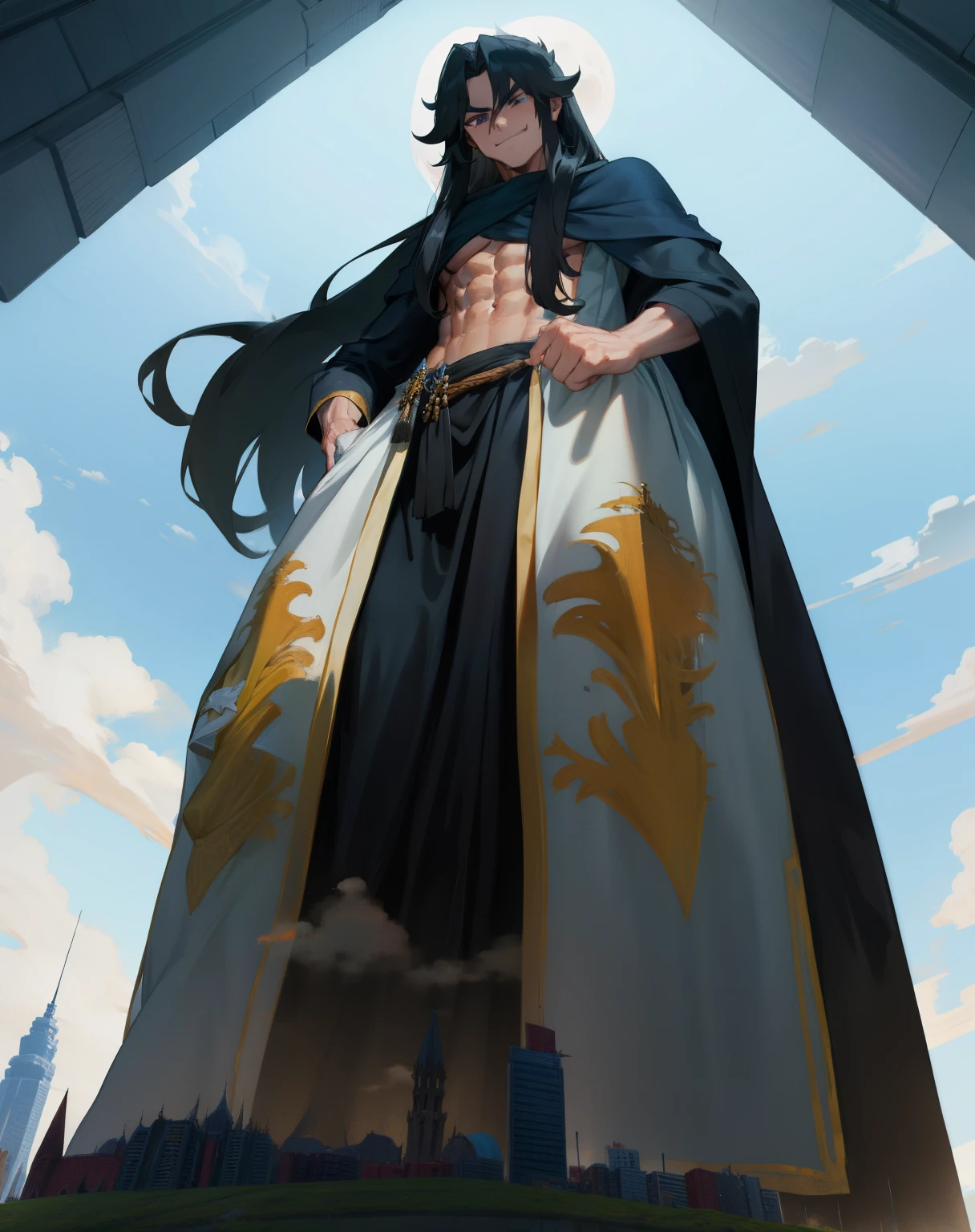 Man, guy, long hair, abs, black hair, cloak, smirk, (((from below))), towering over tiny city, giant