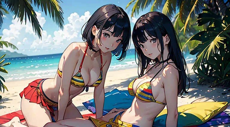 ​masterpiece、top-quality、超A high resolution、 [ 4 k digital art ]!!、 8k high quality detailed art、Wallpaper、 Detailed Digital Anime Art、Realisticity、Cinema Angle、hposing Gravure Idol、(((Two beautiful girls)))、((one person sitting、another person lies down.))、cute  face、 ((Detailed depiction of a beautiful face))、kindly smile、年轻、Bikini swimwear、Photorealistic perfect body、(Bold ethnic patterns wrapped around the waist and skirt and plenty of primary colors)、light Particle、llight rays、Tropical、Against the background of palm trees on both sides、on a sunny beach、Against the background of the sea、blur backgroun、
