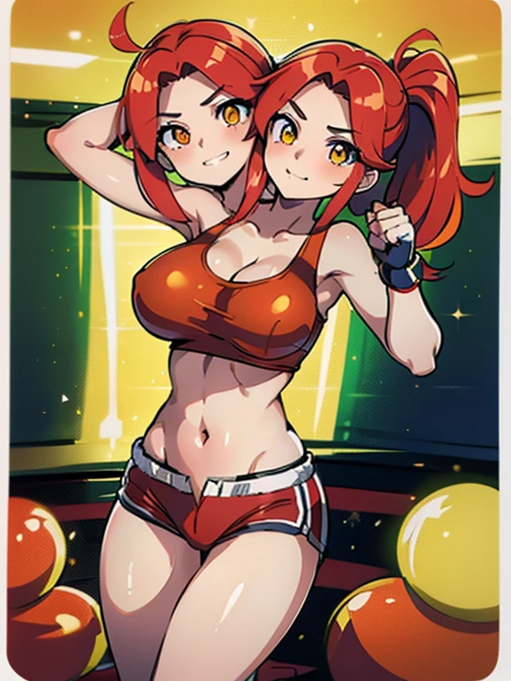 (highest quality, amazing details: 1.25), large breasts, detailed eyes, detailed face, (2heads:1.5), 1girl, anime girl with two heads, red hair, yellow eyes, red tank top, red short pants, boxing gloves, boxing ring, medium breasts, armor