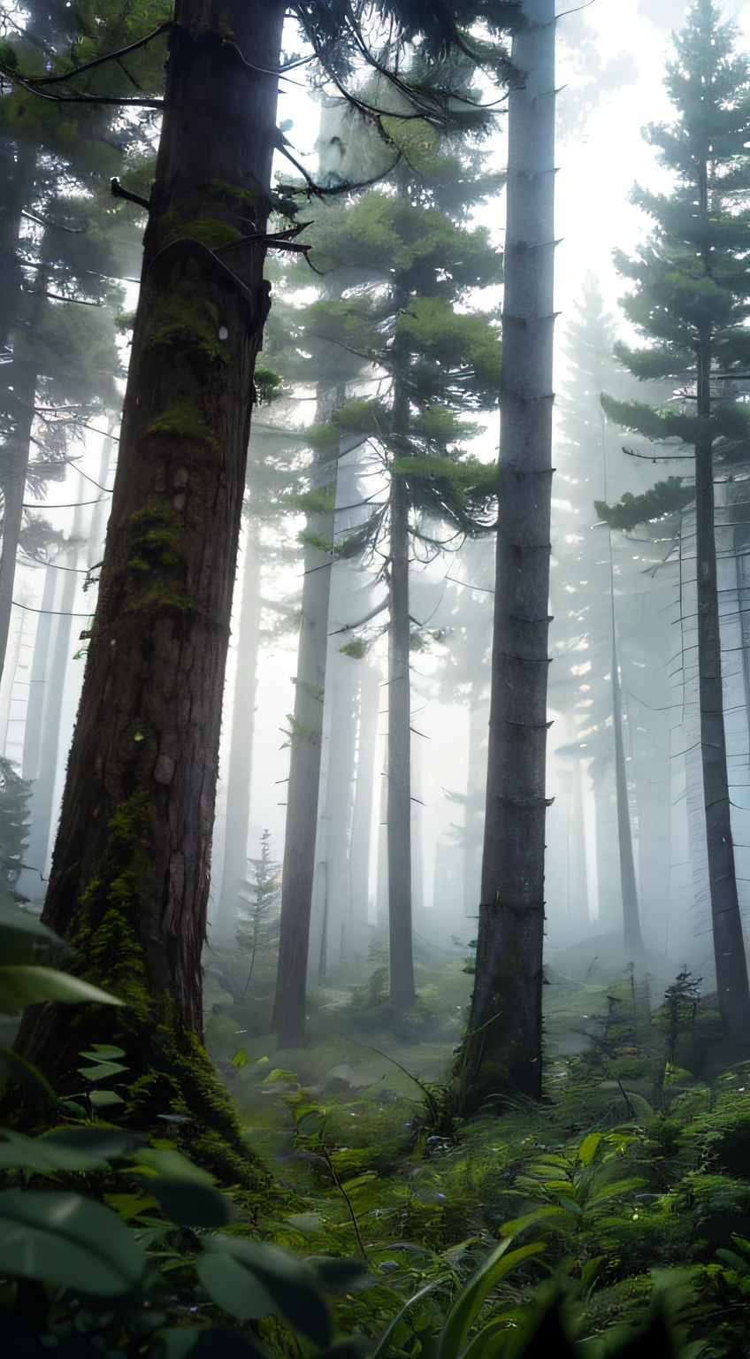 A dense spruce forest with fog , dense mist , cloudy , cinematic , high detail