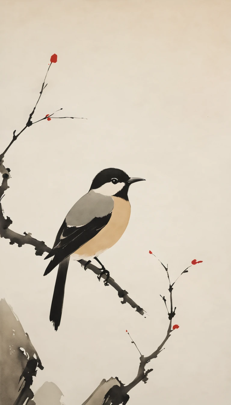 Minimalist Chinese ink painting of a bird on a branch