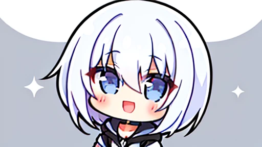 Chibi,Mini、icons,girl with, 20 years old, Very short hair, long bangs between eyes, pale blue eyes, Hoodie, Skirt , Extremely detailed,(​masterpiece、top-quality)、report、White hair、A smile、White skin as clear as snow、Fantastical, Silver hair, Black eyes, Beautiful eyes,, Ecstasy, charmed, be smitten with audience, Hoodie, White hoodie,a black skirt,Hair is short,