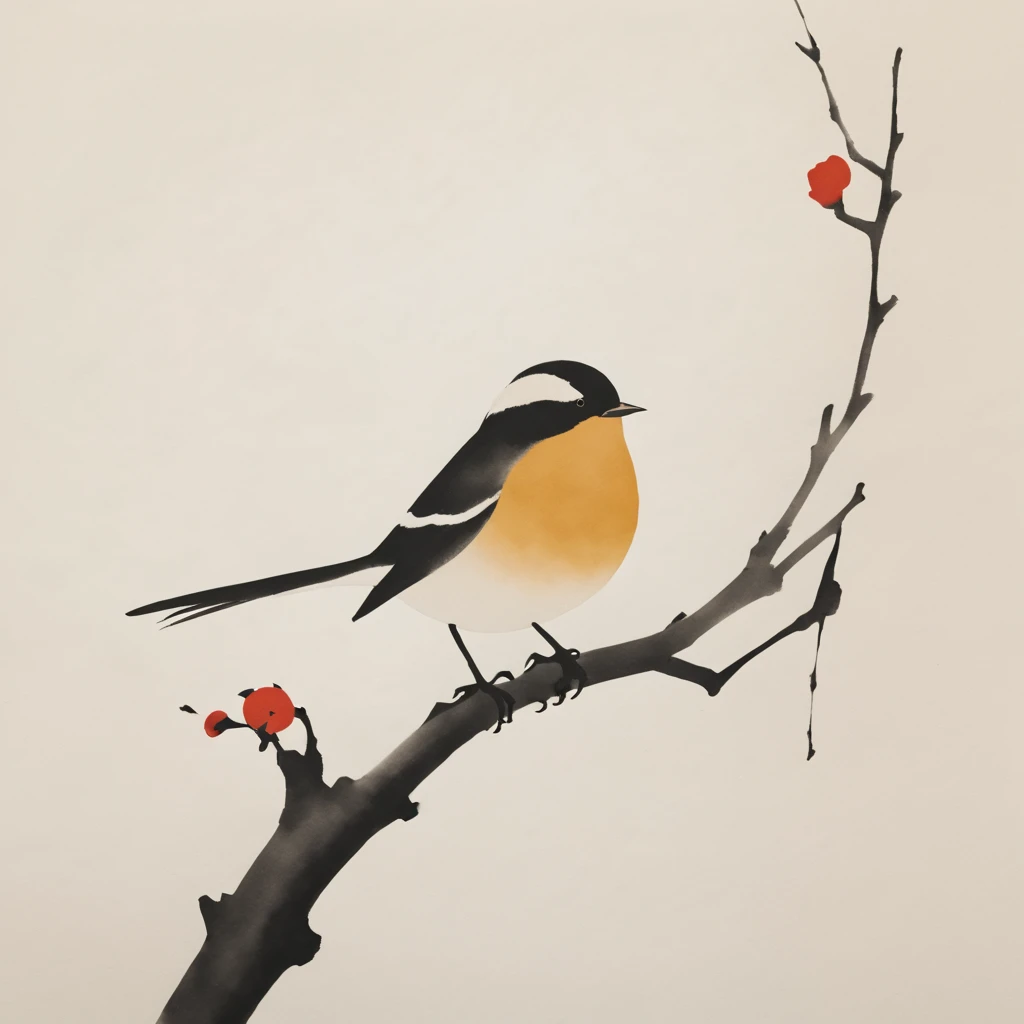 Minimalist Chinese ink painting of a bird on a branch