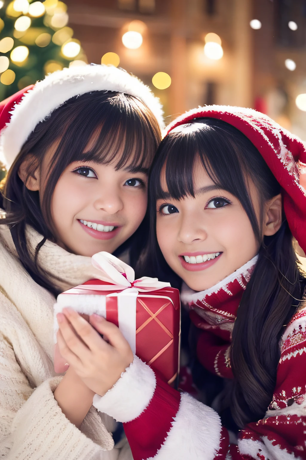 (Best Quality,Photorealistic,hight resolution),2girls,Beautiful detailed eyes,Beautiful detailed lips,Smiling,Laughing,Cute,Christmas Eve,Happy,having fun,Winters,Joyful,excited,Twinkling lights,Decorated Christmas Tree,clew,cosy atmosphere,Warm fireplace,magical moments,sparkling stars,Glowing candles,snowflakes falling,ground covered with soft snow,(Santa Cosplay)Fluffy scarves,Happy memories,cherish sisterhood,love and laughter、12-year-old sisters、a baby face、childish、Looking at the camera、Present Box、