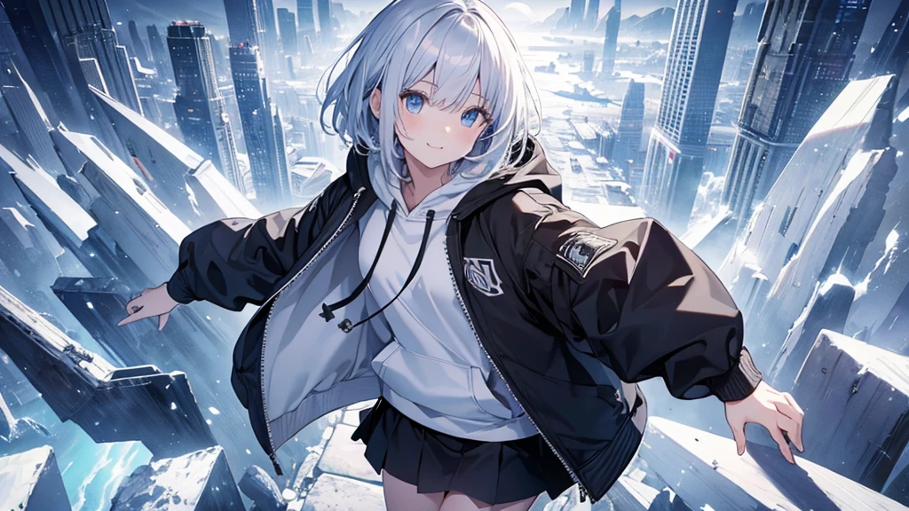 Ultra-high image quality,Look at viewers, hands behind back, girl with, 20 years old, Very short hair, long bangs between eyes, pale blue eyes, Hoodie, Skirt , Extremely detailed,(masterpiece、top-quality)、report、White hair、A smile、White skin as clear as snow、Fantastical, Silver hair, Black eyes, Beautiful eyes,, Ecstasy, charmed, be smitten with audience, Hoodie, White hoodie,a black skirt,Hair is short,look down from above,(masutepiece, Best Quality:1.1),report, 1girll, Curve,White jacket, Casual style,Open jacket, Cowboy Shot、report、Fluttering hair、a small face、hason、Bright smile、(parka、white sneaker fingers、Human hand)、(Detailed face) 、(top-quality: 1.4、tmasterpiece、 hyper HD、 Top resolution,、Very detailed、 profetional lighting、 Gray Light Lighting,fantastic landscape,Blue sky, Sunlight,look down from above,portraitures