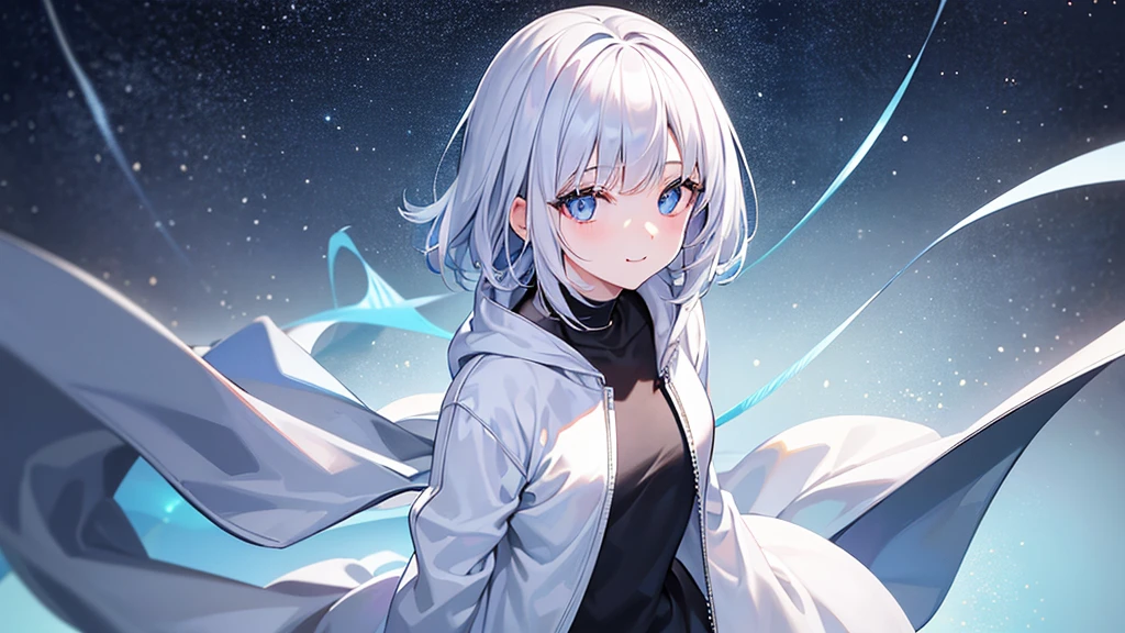 Ultra-high image quality,Look at viewers, hands behind back, girl with, 20 years old, Very short hair, long bangs between eyes, pale blue eyes, Hoodie, Skirt , Extremely detailed,(​masterpiece、top-quality)、report、White hair、A smile、White skin as clear as snow、Fantastical, Silver hair, Black eyes, Beautiful eyes,, Ecstasy, charmed, be smitten with audience, Hoodie, White hoodie,a black skirt,Hair is short,look down from above,(masutepiece, Best Quality:1.1),report, 1girll, Curve,White jacket, Casual style,Open jacket,  Cowboy Shot、report、Fluttering hair、a small face、hason、Bright smile、(parka、white sneaker fingers、Human hand)、(Detailed face) 、(top-quality: 1.4、tmasterpiece、 hyper HD、 Top resolution,、Very detailed、 profetional lighting、 Gray Light Lighting,fantastic landscape,Blue sky, Sunlight,look down from above,portraitures