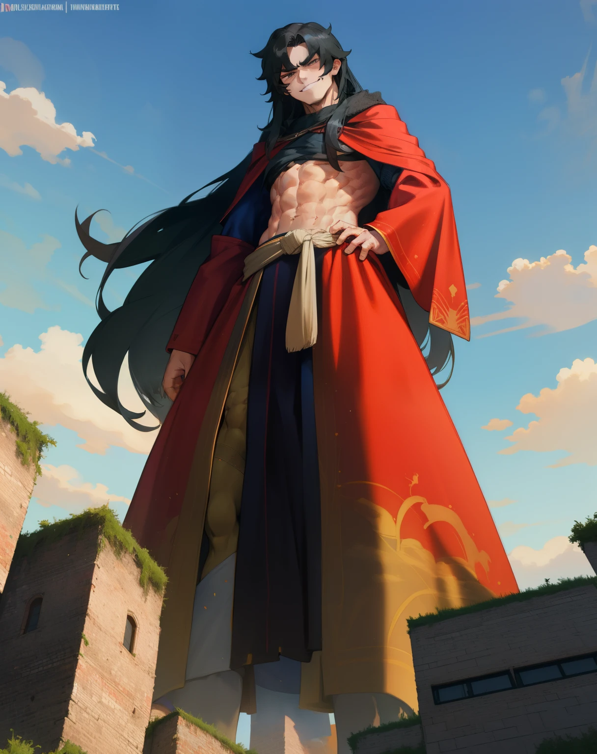 Man, guy, long hair, abs, black hair, cloak, smirk, (((from below))), towering over tiny city, giant