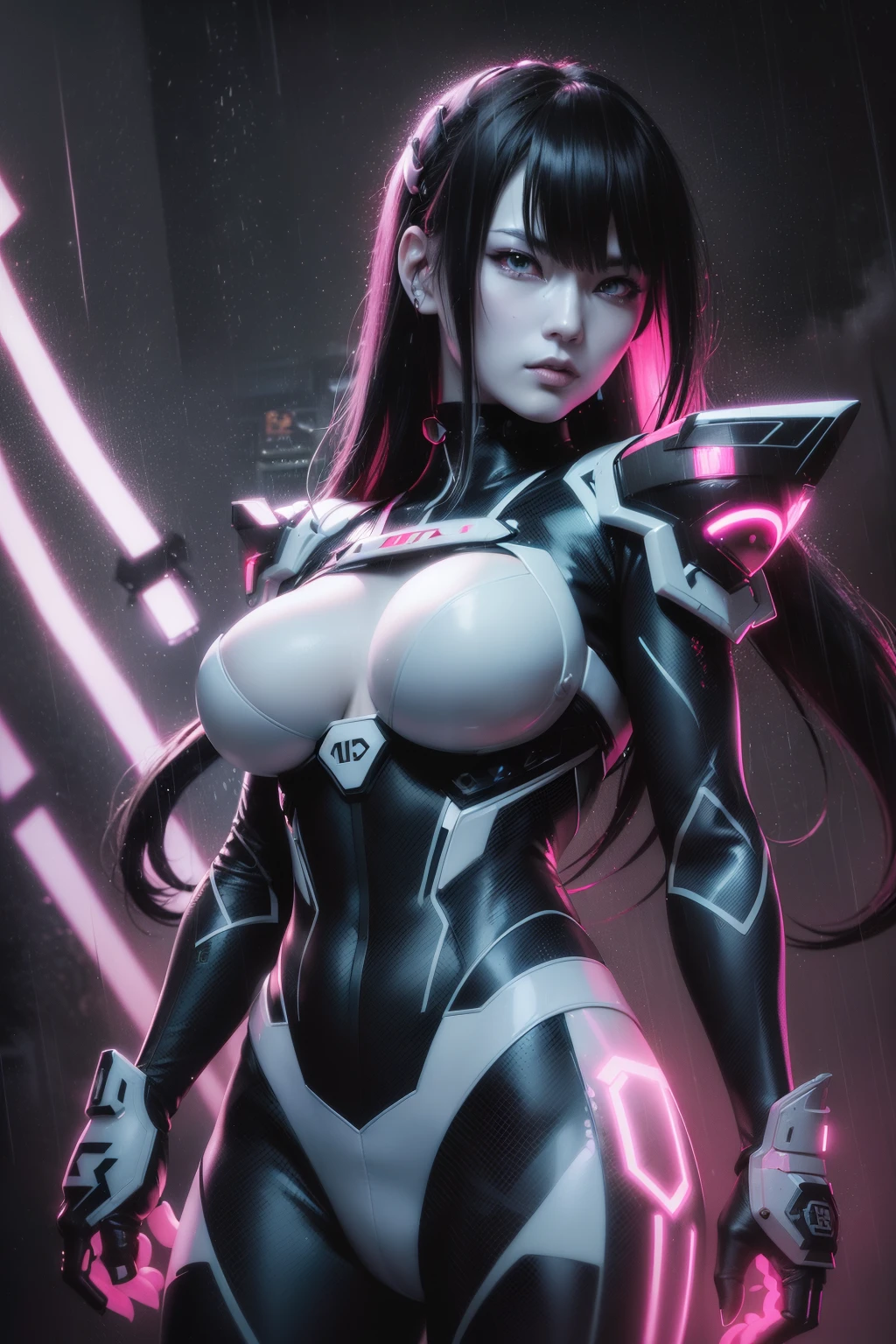 ((((ultra detailed, hyper stylized, gigapixel, sharp features picture)))), (((a pale, delicate, Japanese cyborg samurai girl wearing a cyberpunk jacket))), ((((ultra detailed, epic overall appearance)))), (((tech wear features, high tech, mechanical cracks))), (((((rainy effect))))), ((((((neon effect)))))), ((((ultra detailed, defined lines in the style of a digital artwork)))), in the style of [ Lucius Felimus, Masamune Shirow, Josan Gonzalez ], ((((half-monochromatic)))), ((((cinematic))))