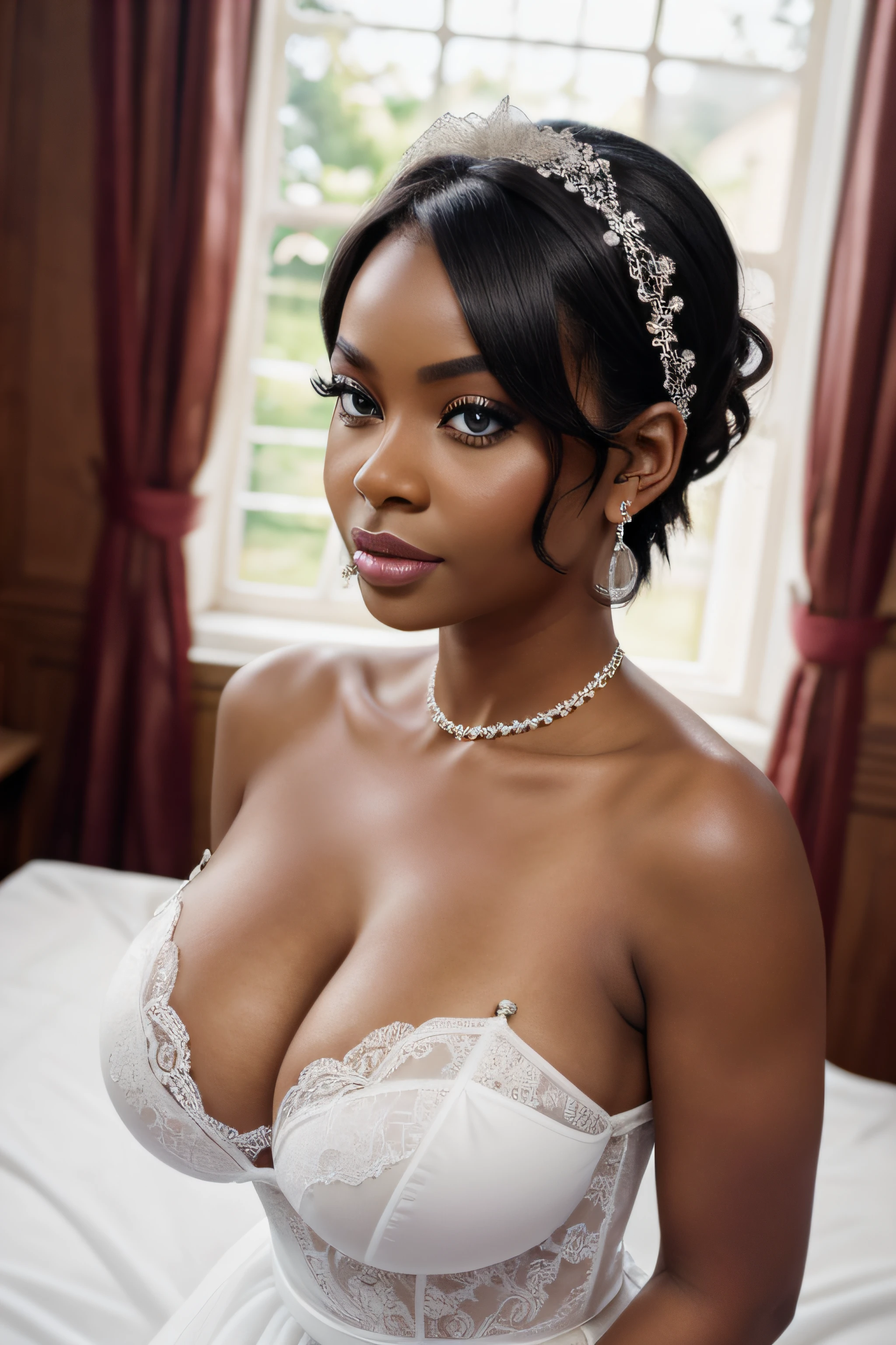 masterpiece, best quality, expressive eyes, perfect face, big eyes, looking at viewer, large breast, big breast, short hair, small waist, smooth skin, mouth half open, Best Quality, Realistic, perfect figure, highly detailed, earrings, in a wedding dress, showing cleavage, big areola, large areola, big nipples, black girl, dark skin, hair accessory, white wedding lingerie