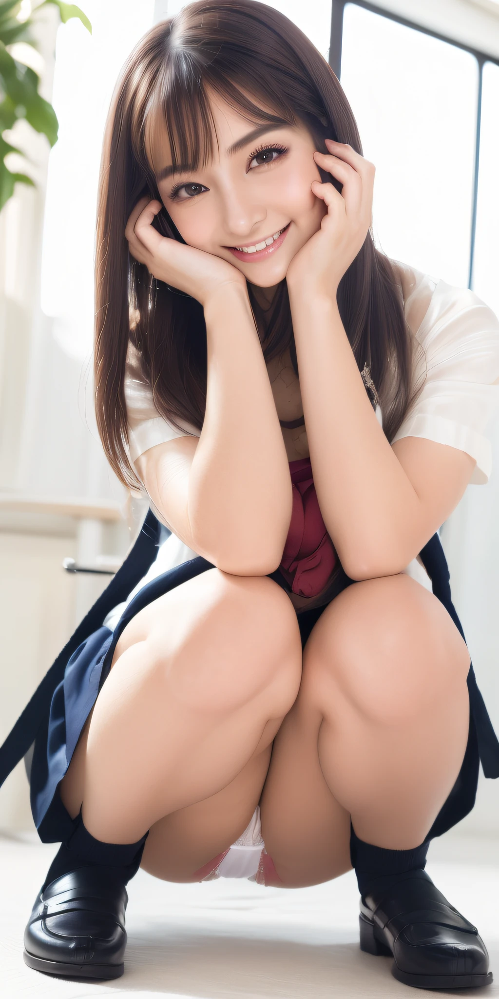 (very long hair:1.3),(big smile:1.3),(happy smile:1.3),(sexy panties:1.3),(white panties:1.2),(realistic silk panties:1.3),(double eyelids:1.3),(long eyelashes:1.3),Japanese school uniform,(Looking directly at Viewer:1.3),32K, masterpiece, Raw photo, Best Quality, Photorealistic, Highly detailed CG Unity 32K wallpaper,(Extremely beautiful face, Beautiful lips, Beautiful eyes, beautiful teeth), detailed teeth, intricate detailed face, ((Ultra detailed skin)) 1girl in, Cutest Pretty Japanese girl, Super idol, 1 girl,(Happy smile), Clear eyes, (pale skin), (Big eyes:1.2), (Brown hairs), thick thighs, ,balanced elegant face, drooping eyes