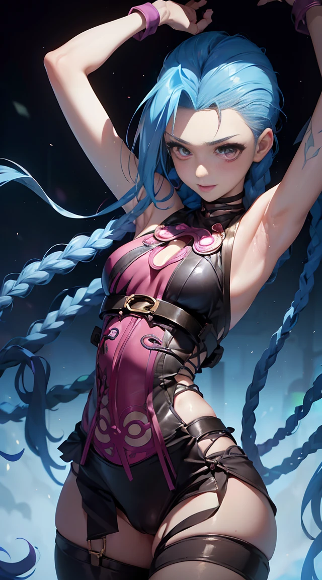 Jinx tights,Skinny racing suit,rose tattoo,Giggle smile,Blue twist braid。,league of legend ,Totally criminal,Skinny gel coat,cyber punk perssonage,Neon, etc。(High top fade in and out:1.3)、dual horsetail、ssmile, Soothing tone、pastelcolor、high contrast、(Natural skin texture、softlighting)、actual、Leaning forward、dynamicposes、profesional lighting、Super quality、masterpiece、8K、(((Detailed crotch、detailed outfits、A detailed的the face、詳細な目、Flawless skin texture、perfect anatomia、Correct anatomy、perfect example、perfect hips、The face perfect、with perfect arms、perfect hand、Perfect Finger、Perfect toes、with perfect legs)))、(small-sized buttocks、thighs thin、thick-waisted、Strong-willed eyes、Sparkling eyes like cats)、、d杯、Red blush:1.8、、porcelain skin、colours_optical aberration、bokeh:1.8、(Fluttering、(underbust:1.6)、、The shape of Dantian clearly visible、red ears、arms cuffs、 (1 girl:1.3)、1.4 Official art,ultra - detailed,big breasts beautiful,,tmasterpiece,best quality,
