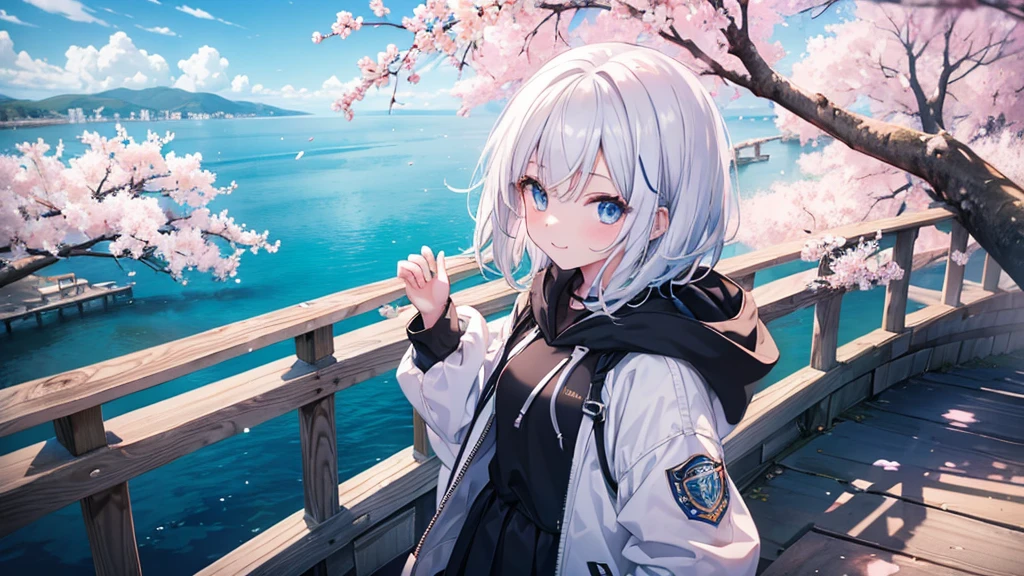 Ultra-high image quality,Look at viewers, hands behind back, girl with, 20 years old, Very short hair, long bangs between eyes, pale blue eyes, Hoodie, Skirt , Extremely detailed,(masterpiece、top-quality)、report、White hair、A smile、White skin as clear as snow、Fantastical, Silver hair, Black eyes, Beautiful eyes,, Ecstasy, charmed, be smitten with audience, Hoodie, White hoodie,a black skirt,Hair is short,look down from above,(masutepiece, Best Quality:1.1),report, 1girll, Curve,White jacket, Casual style,Open jacket, Cowboy Shot、report、Fluttering hair、a small face、hason、Bright smile、(parka、white sneaker fingers、Human hand)、(Detailed face) 、(top-quality: 1.4、tmasterpiece、 hyper HD、 Top resolution,、Very detailed、 profetional lighting、 Gray Light Lighting、Sea view,Cherry blossom background,fantastic landscape,Blue sky, Sunlight,look down from above