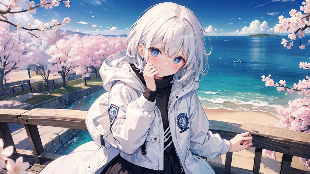 Ultra-high image quality,Look at viewers, hands behind back, girl with, 20 years old, Very short hair, long bangs between eyes, pale blue eyes, Hoodie, Skirt , Extremely detailed,(masterpiece、top-quality)、report、White hair、A smile、White skin as clear as snow、Fantastical, Silver hair, Black eyes, Beautiful eyes,, Ecstasy, charmed, be smitten with audience, Hoodie, White hoodie,a black skirt,Hair is short,look down from above,(masutepiece, Best Quality:1.1),report, 1girll, Curve,White jacket, Casual style,Open jacket, Cowboy Shot、report、Fluttering hair、a small face、hason、Bright smile、(parka、white sneaker fingers、Human hand)、(Detailed face) 、(top-quality: 1.4、tmasterpiece、 hyper HD、 Top resolution,、Very detailed、 profetional lighting、 Gray Light Lighting、Sea view,Cherry blossom background,fantastic landscape,Blue sky, Sunlight,look down from above
