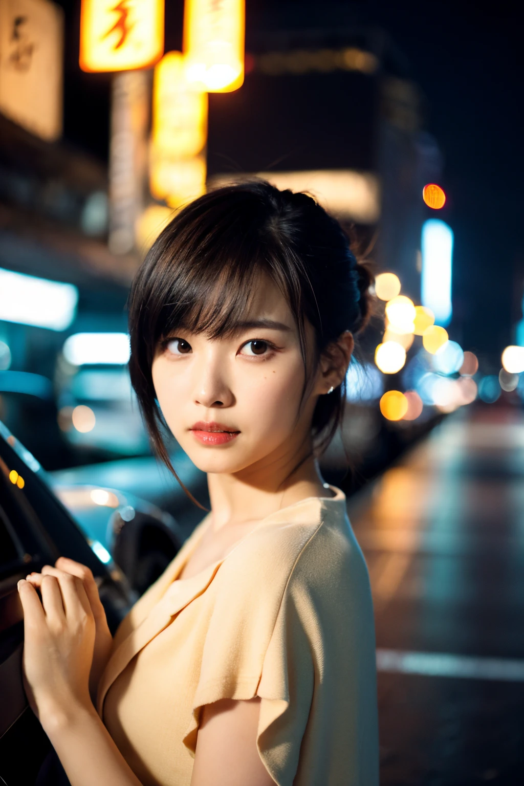 ((Best Quality)), ((masutepiece)), (Cinematic aesthetics:1.4) Beautiful Korean fashion model bokeh city night photo