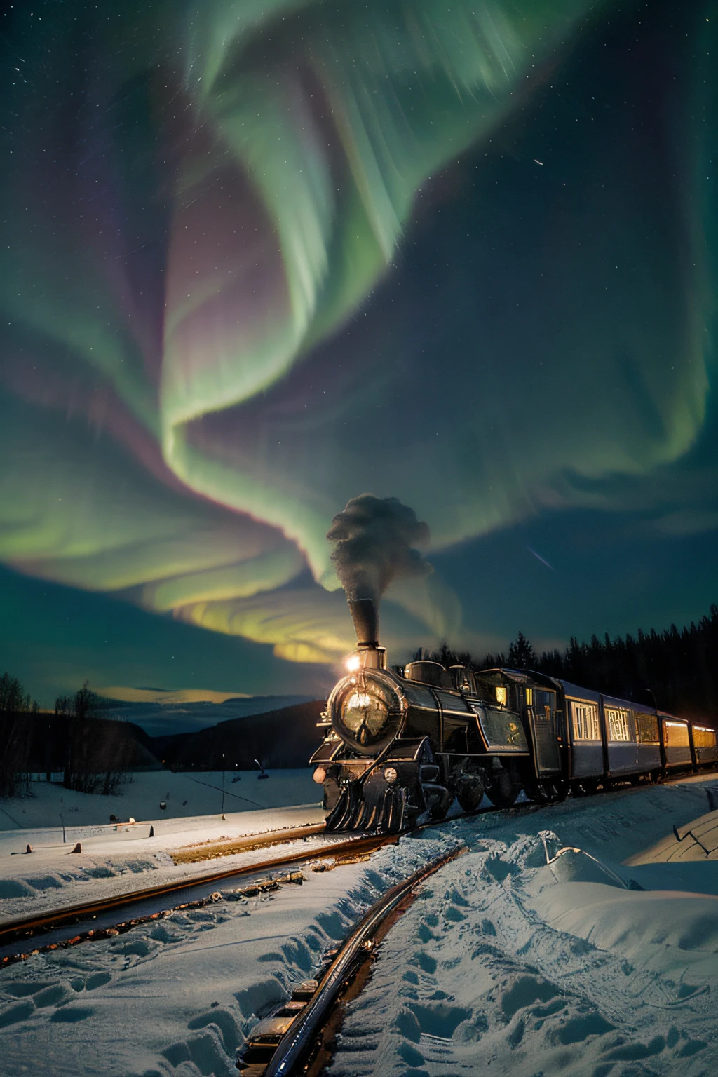 Extremely realistically portray an enchanting and magical scene of a Christmas train cutting through the snow-covered landscape, while the Aurora Borealis dances in the starry sky. Detalhe as luzes cintilantes e coloridas do trem, os flocos de neve que caem suavemente, the gentle sounds of Christmas bells and the mesmerizing spectacle of the Northern Lights, creating an atmosphere of pure magic and celebration.