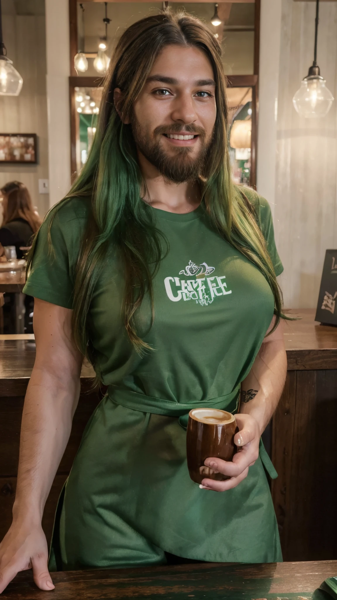 (best quality,4k,highres,ultra-detailed,realistic:1.37),vibrant portrait,beautiful cafe worker lady with a long big beard,long beautiful green hair,manly chiseled face,expressive eyes,lovely smile,stylish outfit,confident stance,coffee cup,cozy atmosphere,artistic lighting,rich color palette,bokeh