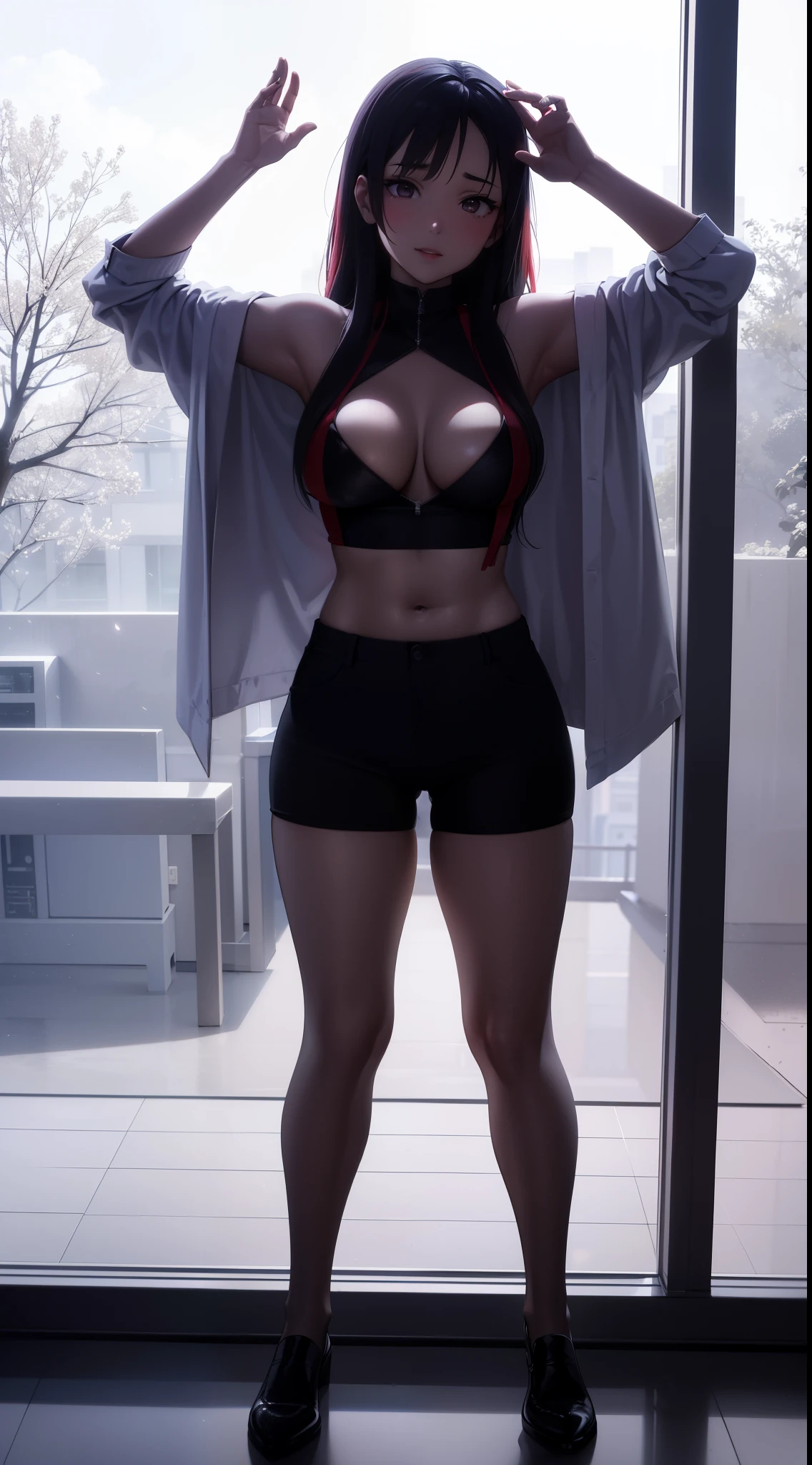 Hyper-realistic super detailed sexy Mitsuri Kanroji, NSFW, muy detallado, expresiones faciales sexys, Detail of seductive facial expression.: 1.4): 0.4], 16K resolution, 4k-resolution, dynamic  lighting, high-definition resolution, (pose sexy, Attractive position), (hiperrealista: 1.4), (Luz de fondo: 1.2), (Luz solar: 1), (altura completa: 1.8),(fondo contrastante: 1.5), (Hyperrealistic arm anatomy), (hyperrealistic leg anatomy), (Piel limpia), (Cinematic lighting: 1.7), (intimo), (Tecnología NVIDIA RTX Ray Tracing), (Perfect flat stomach), (Imagen en color),Create a 4K resolution, ultrarrealista, y obras de arte extremadamente detalladas que muestran a un CEO de Mitsuri Kanroji en un entorno de oficina corporativa con un estilo provocativo. Mitsuri Kanroji, el personaje central de la obra de arte., Conocida por su presencia imponente y su apariencia audaz. Ella se para frente a una gran ventana de vidrio de una oficina moderna que ofrece una vista del paisaje urbano..

 ((Mitsuri Kanroji (Asesino de demonios))), una chica con el pelo largo degradado de color verde rosado y ojos verdes, cabello verde, Cabello degradado, cabello multicolor, Cabello largo. Sha tiene una presencia imponente. Tiene una silueta provocativa pero profesional, con un traje de negocios entallado que resalta sutilmente su figura. Su maquillaje atrevido, with striking red lips and a look that demands attention.

She dressed provocatively,  A bold fashion statement. leotardo de colores brillantes, un toque de glamour a su apariencia general. shy and weak smile