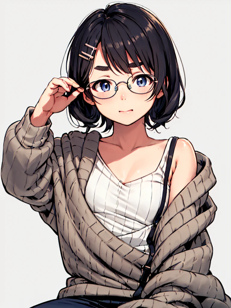 masterpiece, top-quality, One lady, One Pose, The best smile, Japan people in their 20s, (A dark-haired, Short Bob Hair, Curly hair, make the wave stronger, Shorthair, With bangs, attach hairpins to bangs), (thick eyebrow, draw thick eyebrows), (drooing eyes, Blue eyes, Blue eyes), Small nose, Thicker lips, (Rimless glasses, Small glasses, glasses for women), Wheat-toned skin, Realistic drawing of the whole body, Seated Pose, dynamicposes, (Looking at the camera, Front of camera, Look at viewers, Front attitude, Turn your face to the viewer, face forwards).