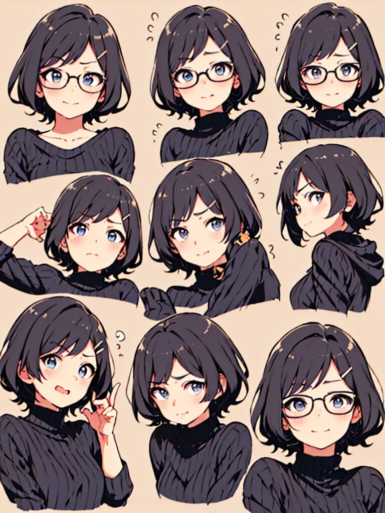 masterpiece, top-quality, One lady, One Pose, The best smile, Japan people in their 20s, (A dark-haired, Short Bob Hair, Curly hair, make the wave stronger, Shorthair, With bangs, attach hairpins to bangs), (thick eyebrow, draw thick eyebrows), (drooing eyes, Blue eyes, Blue eyes), Small nose, Thicker lips, (Rimless glasses, Small glasses, glasses for women), Wheat-toned skin, Realistic drawing of the whole body, Seated Pose, dynamicposes, (Looking at the camera, Front of camera, Look at viewers, Front attitude, Turn your face to the viewer, face forwards).