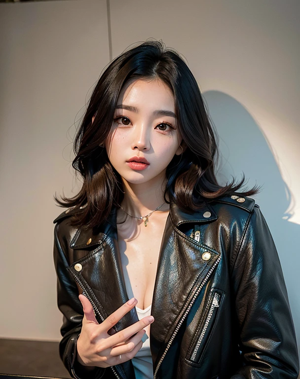mulher araffed em uma jaqueta de couro preta segurando um telefone celular, Heonhwa Choe, Retrato de Jossi de Blackpink, menina coreana, a young asian woman, Mulher sul-coreana bonita, Jinyoung Canela, linda mulher coreana jovem, mulher coreana jovem bonita, Mulher coreana, gemma chen, Jaeyeon Nam, atriz da Coreia, ela usa jaqueta de couro