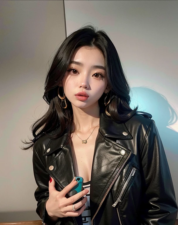 mulher araffed em uma jaqueta de couro preta segurando um telefone celular, Heonhwa Choe, Retrato de Jossi de Blackpink, coreana, a young asian woman, Mulher sul-coreana bonita, Jinyoung Canela, linda mulher coreana jovem, mulher coreana jovem bonita, Mulher coreana, gemma chen, Jaeyeon Nam, atriz da Coreia, ela usa jaqueta de couro