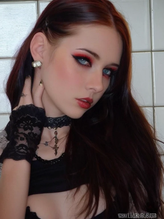 mulher arafada com cabelo ruivo e luvas de renda preta posando para uma foto, 1 7 - **** - ***** gothic girl!!!, goth girl, com cabelos longos e olhos penetrantes, pale goth beauty, very beautiful goth top model, natural beauty, gotic girl, com olhos esclerais pretos, grungy gothic, pale fair skin!!, lo gothic!!, young girl