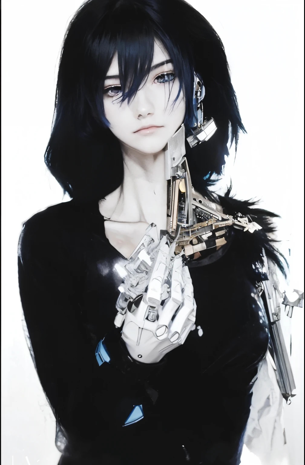 Homem, cabelo anime com franja, alto, Robotic Parts, cabelo azul escuro quase preto, forte, roupa social espacial preta, coturno