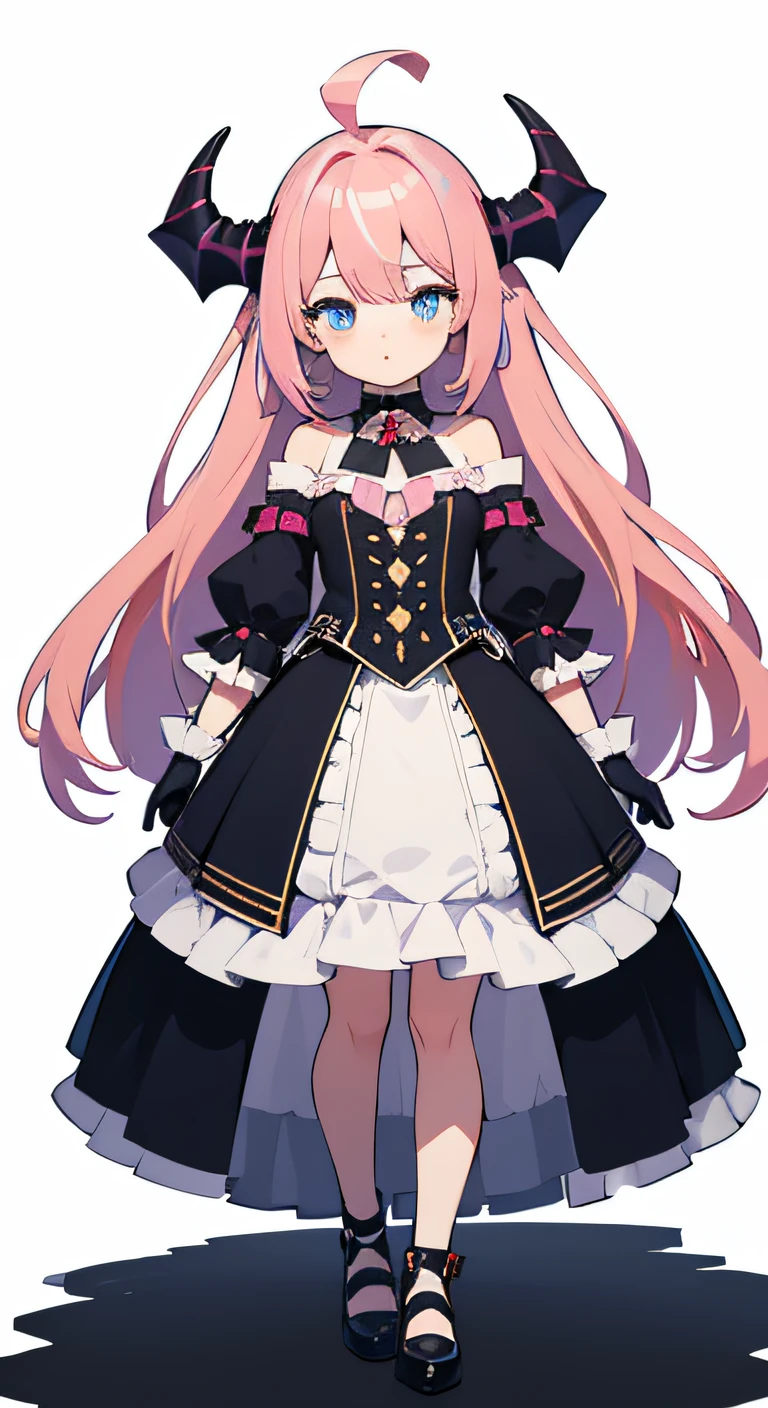 Virtual Youtuber , masutepiece , High quality, girl with, Arms at sides,[[blush]],Concept art ,Solo,1girl in,Full body ,Looking at Viewer,White background,Simple background,
multicolored hair,striated hair,Bangs,Hair Ornament,Ahoge,Blue eyes,Pink hair,Lori,Demon Girl,Blue Gloves