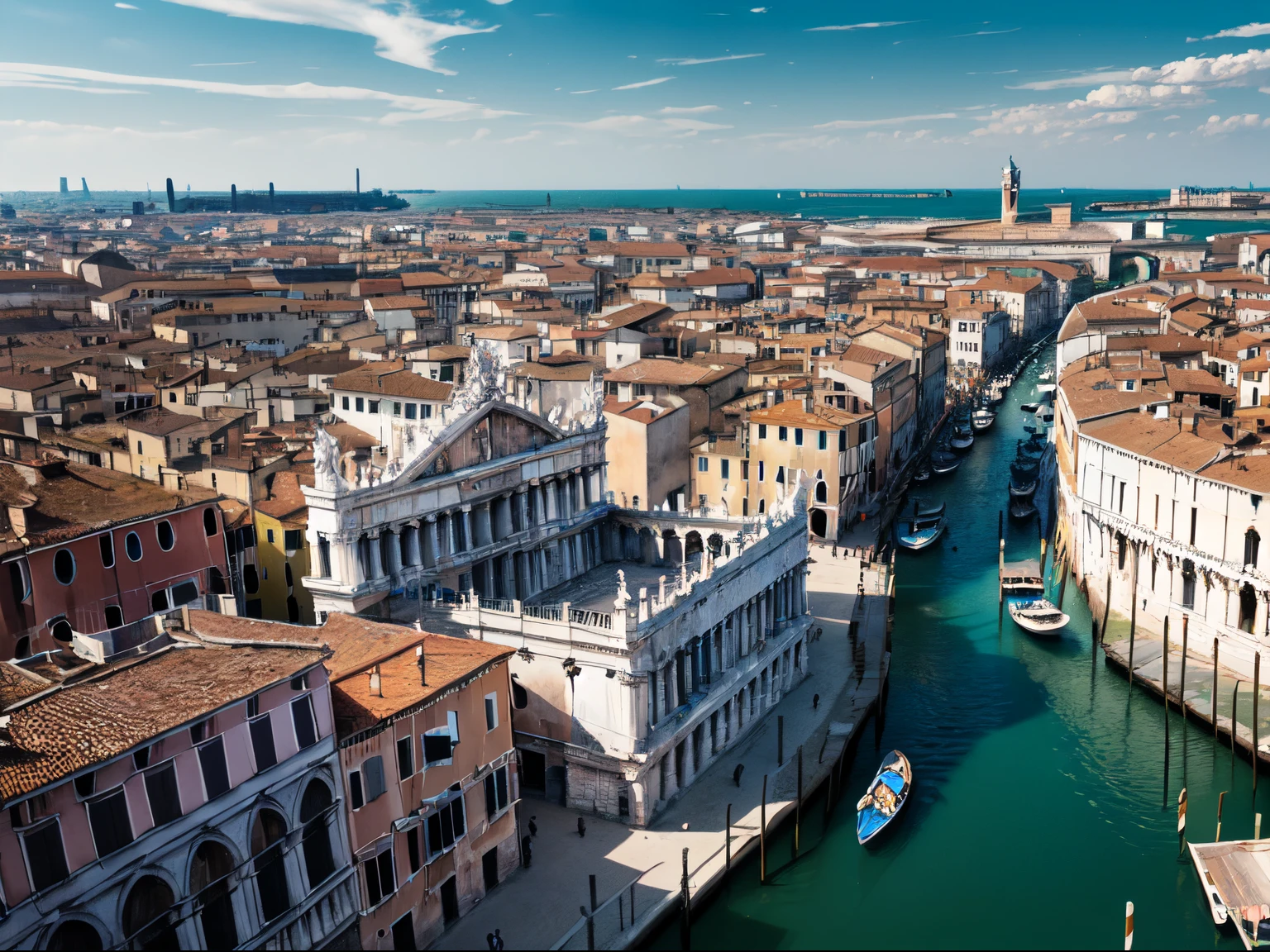 (masterpiece:1.2), (overhead view), (roman empire), (crowd_of_people:1.3), (detailed:1.4), day, sky, (buildings), small_well, (tower_in_the_distance), (fortress_in_the_distance), river, venezia, (harbor_in_the_distance), ancient architecture, (bustling), vanishing_point