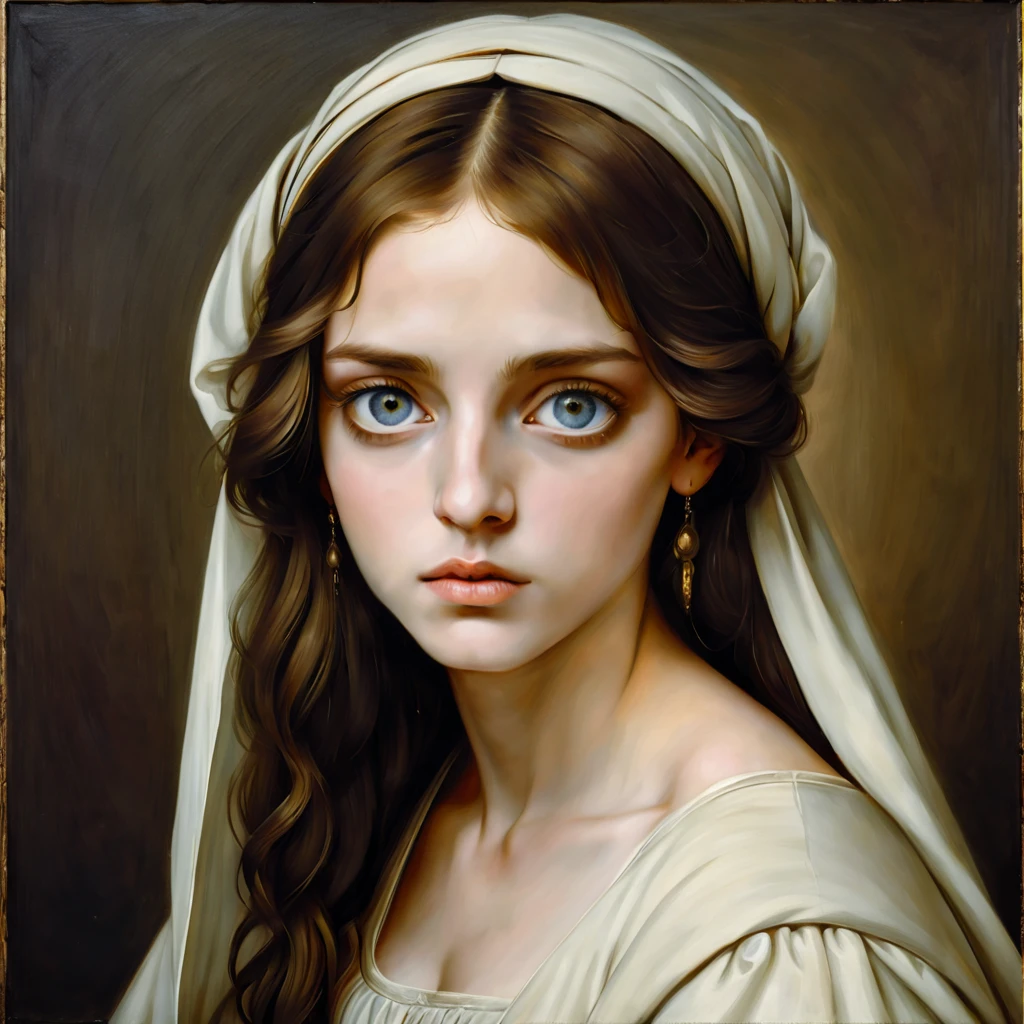 a young nymph with large mysterious eyes and dark hair wrapped in a transparent light veil, moral (Hugo Merle style), (Juicy palette, canvas, watercolour / ACRYLIC), extreme hight detail, Complex key, ((Single Shot)), ((Best Quality)), ((Masterpiece)) , ((Realistic)), (IDEAL), 8K, impressionism: 0.2 Обои Full HD